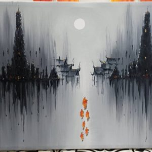 Monks walking towards temple